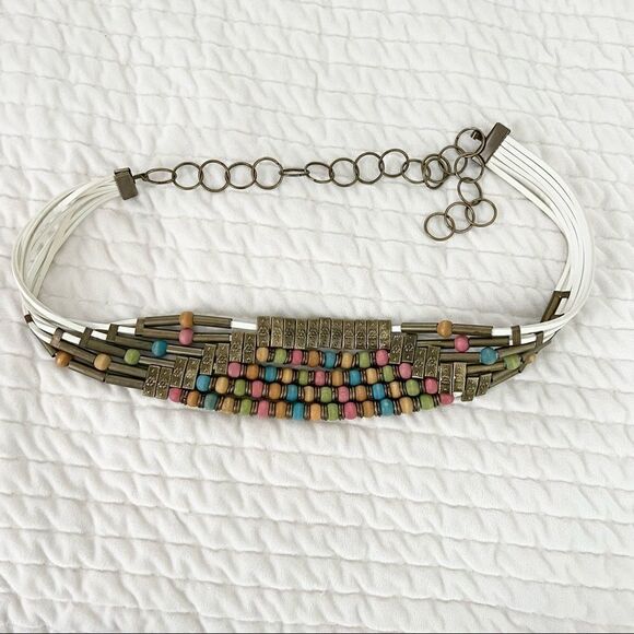 Vintage Boho White Leather Multi Strand Chain Link Belt w/ Wood + Metal Beads - Picture 2 of 4